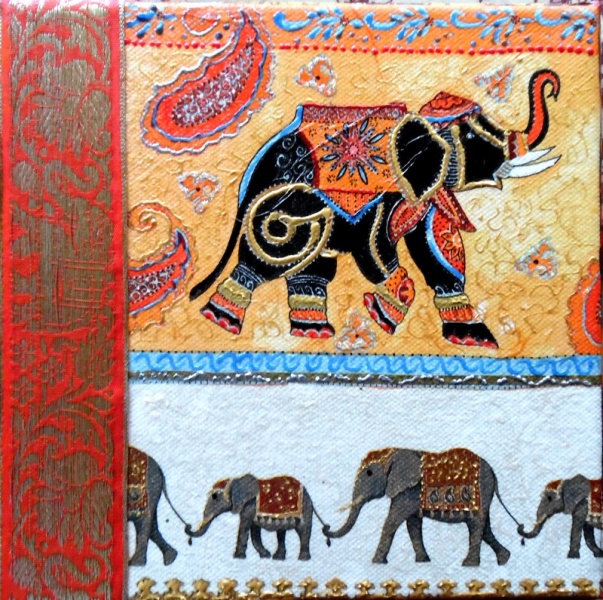 Collage serviettes et tissu indien-cerne
châssis 20/20cm
Eléphant bord rouge.JPG